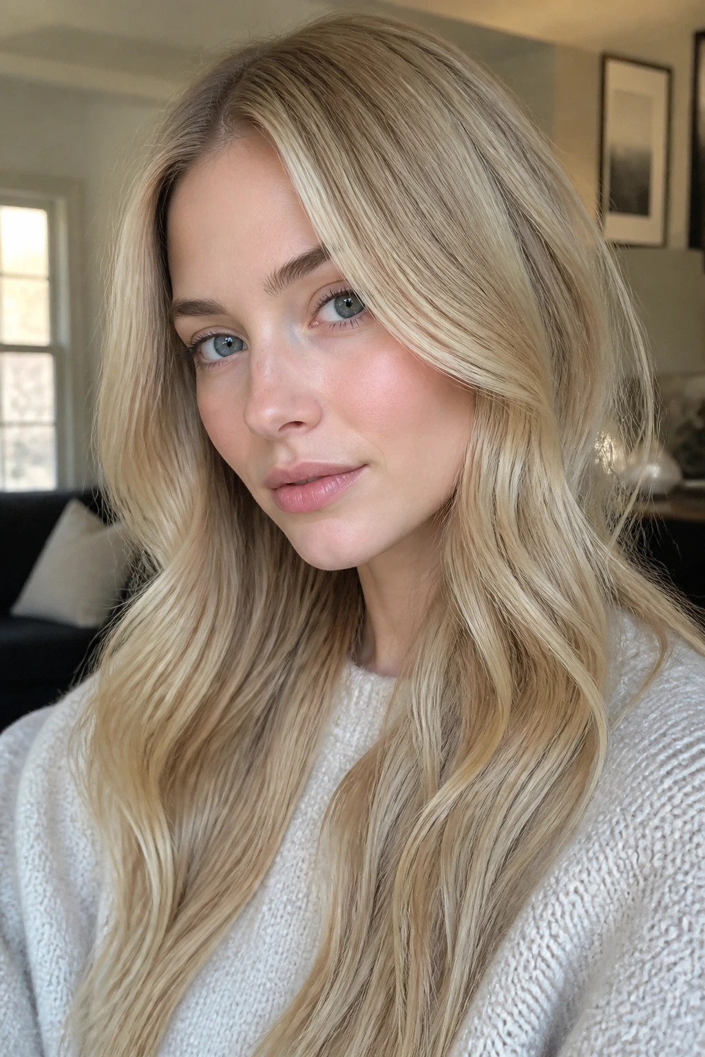 Close-up of a woman with creamy champagne blonde hair and pale skin