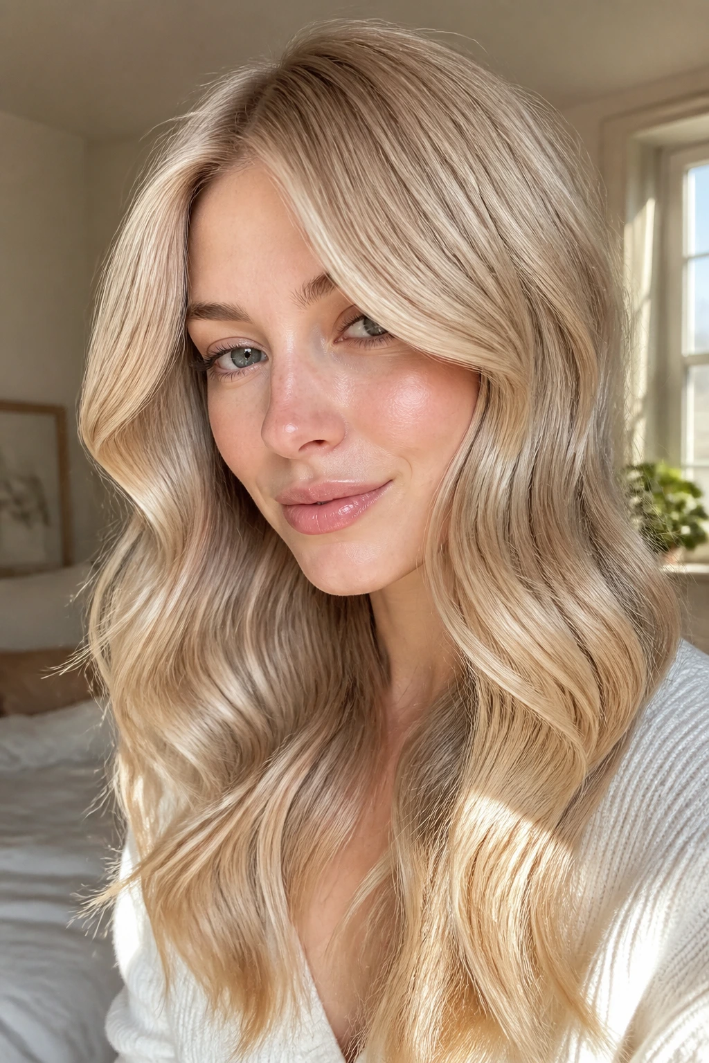 Close-up of real woman with creamy champagne waves and glossy finish