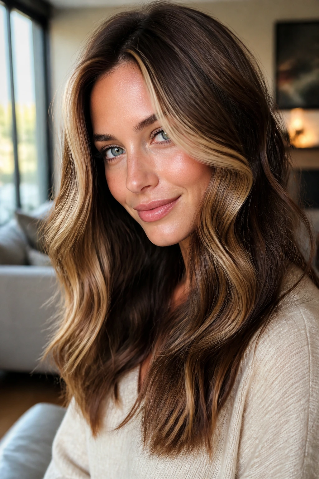 Portrait of creamy face-framing chestnut caramel on a real person