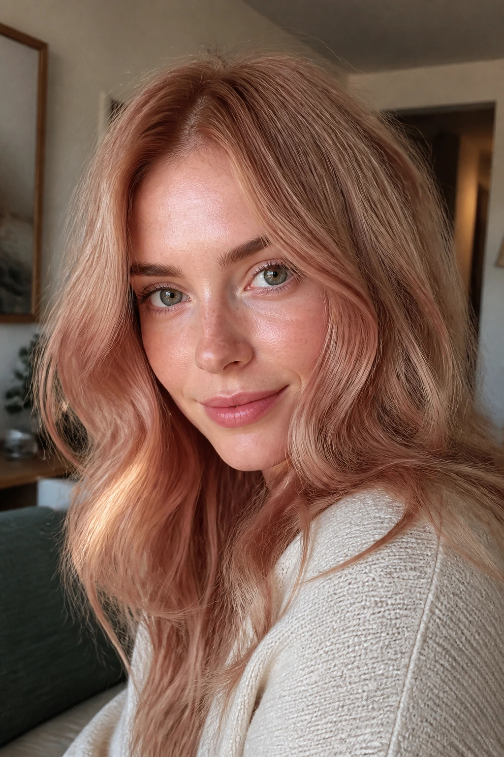 Close-up portrait of a real woman with creamy coral strawberry blonde hair in warm light