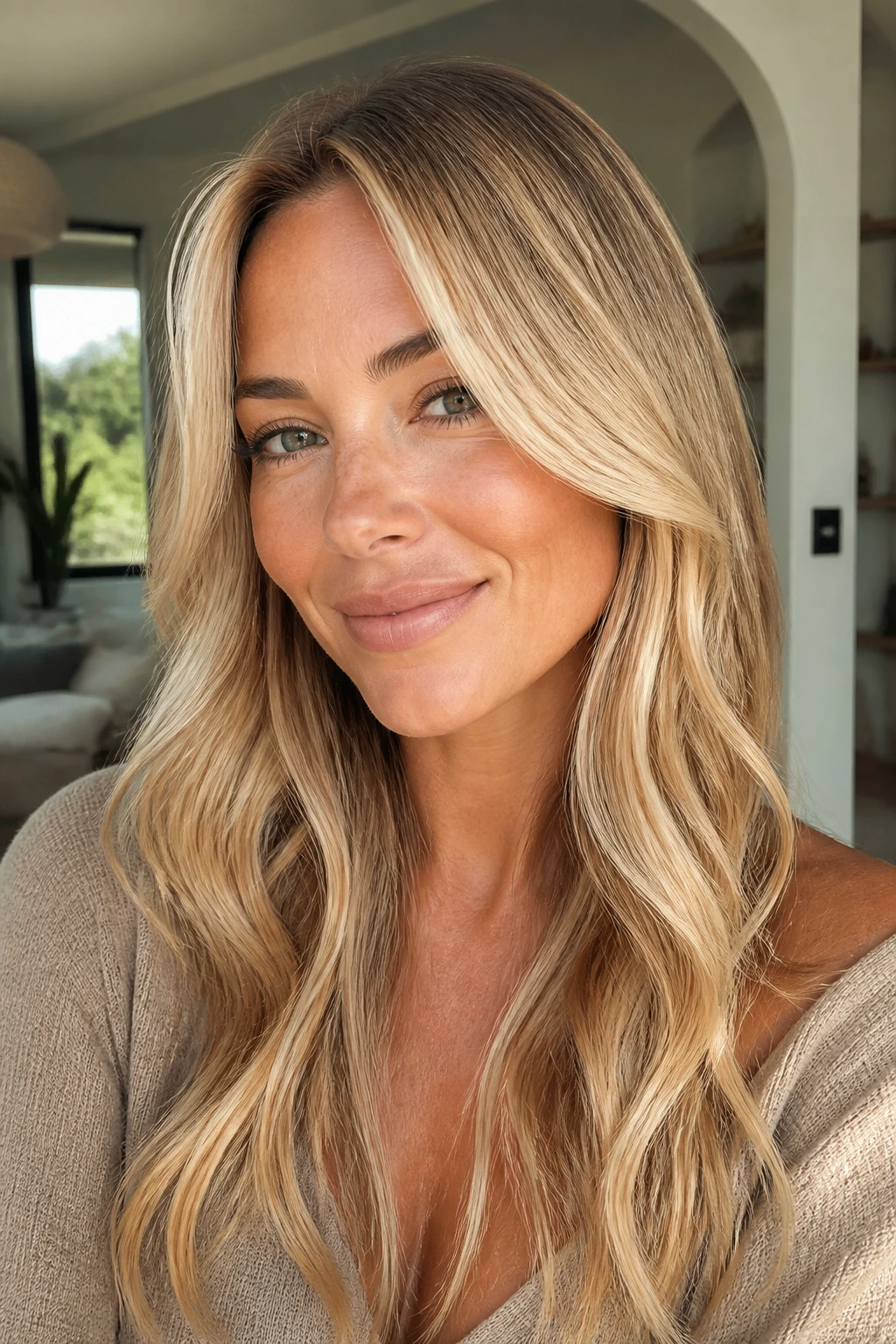 Close-up of real woman with creamy face-framing layers in natural light