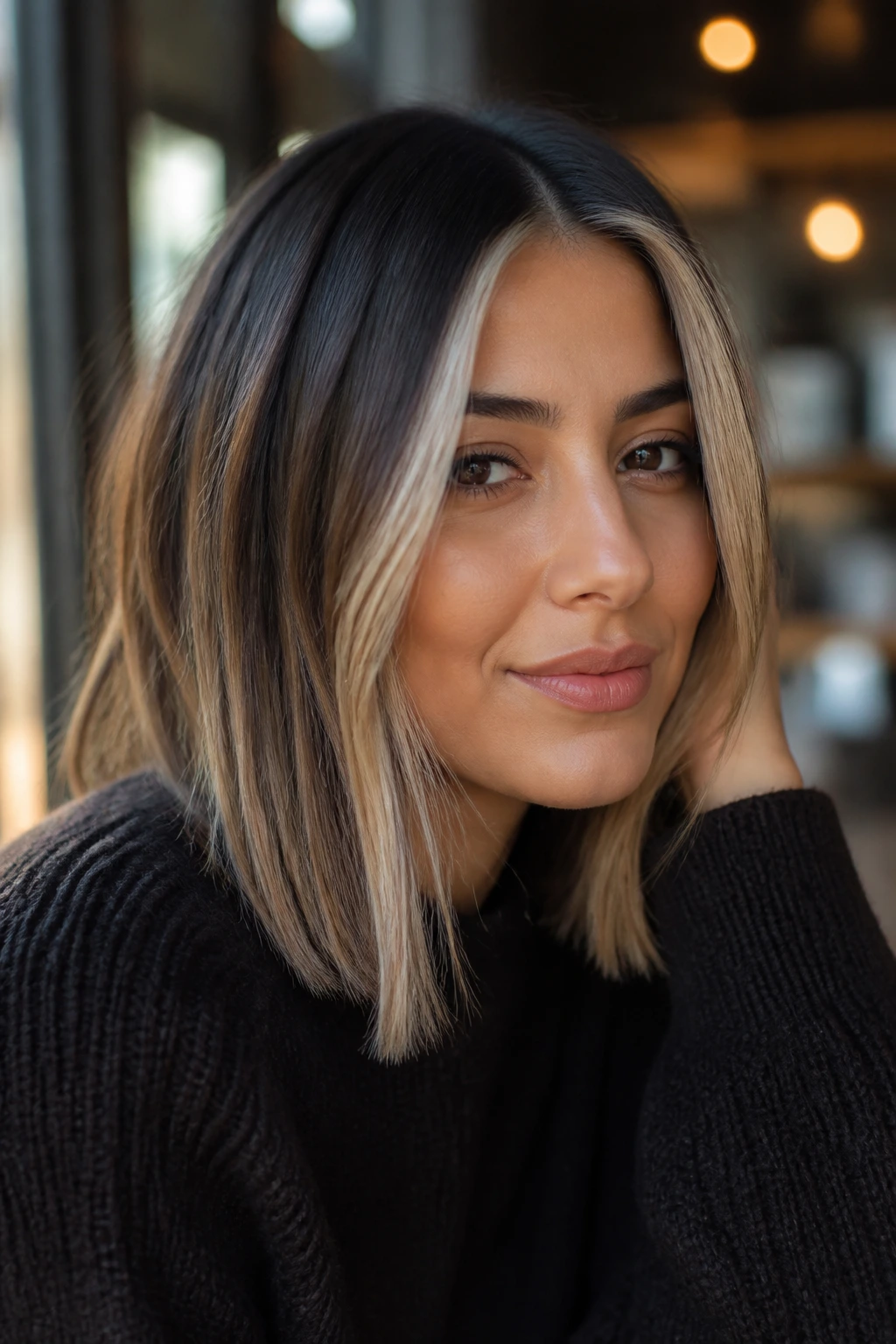 Portrait of a real woman with creamy face-framing highlights on a center-part lob