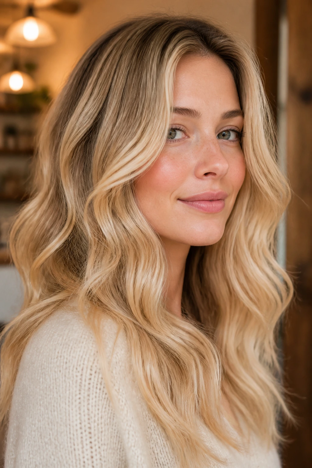 Close-up of a real woman with glossy creamy blonde waves