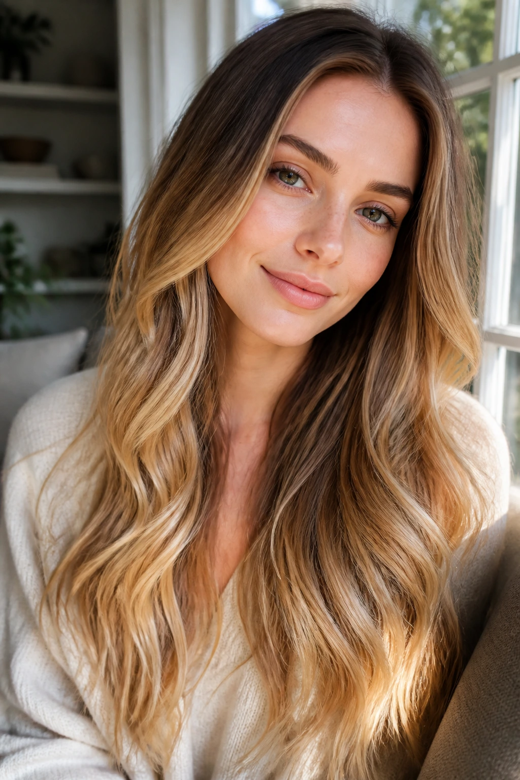 Close-up of a fair-skinned woman with creamy golden ombré on long hair