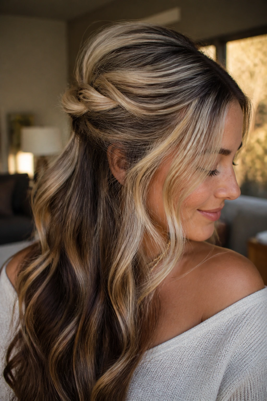 Real person with creamy half-up twist hairstyle.