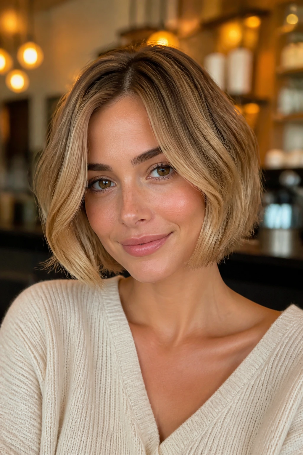 Close-up of a real woman with a creamy honey bob and tucked ends