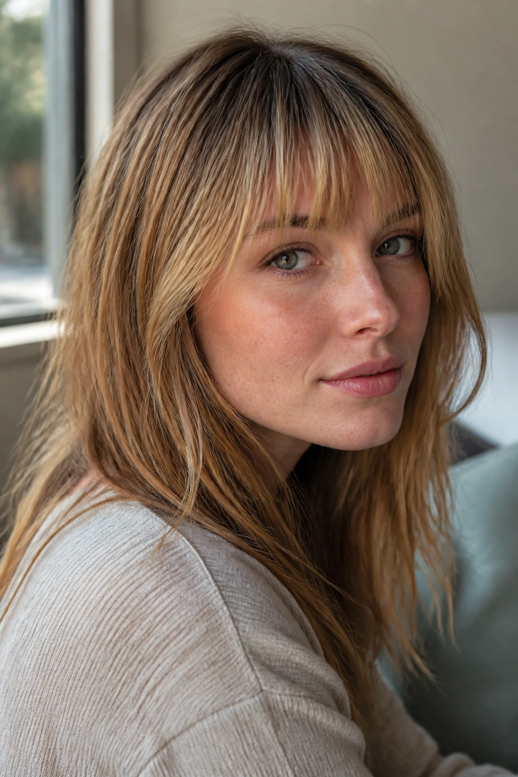 Portrait of a real woman with creamy honey dark blonde hair and fringe in soft window light
