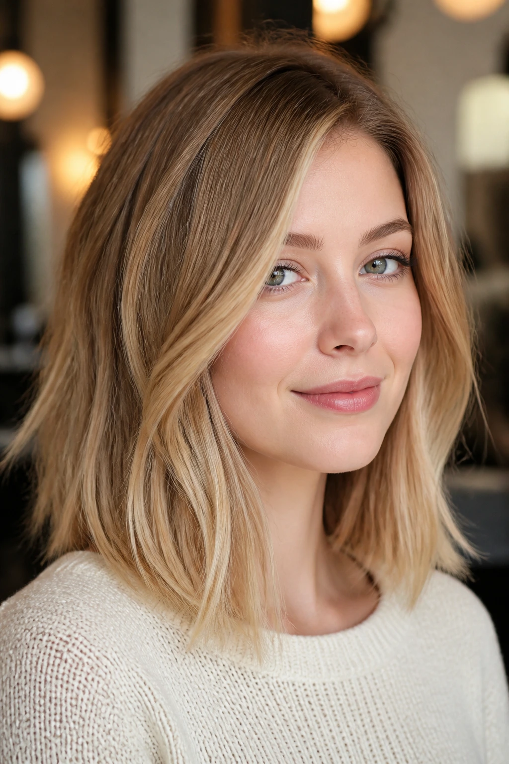 Close-up of a creamy honey lob with soft light ends on a real person