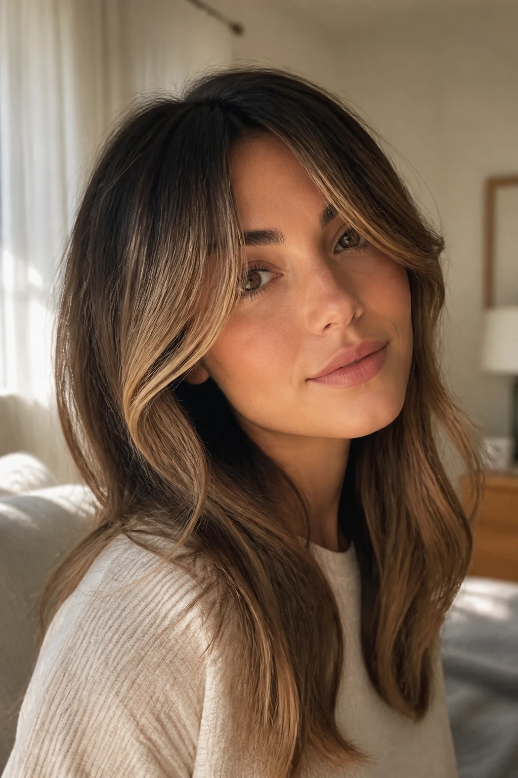 Close-up of a woman with creamy honey veil highlights around curtain bangs in soft morning light