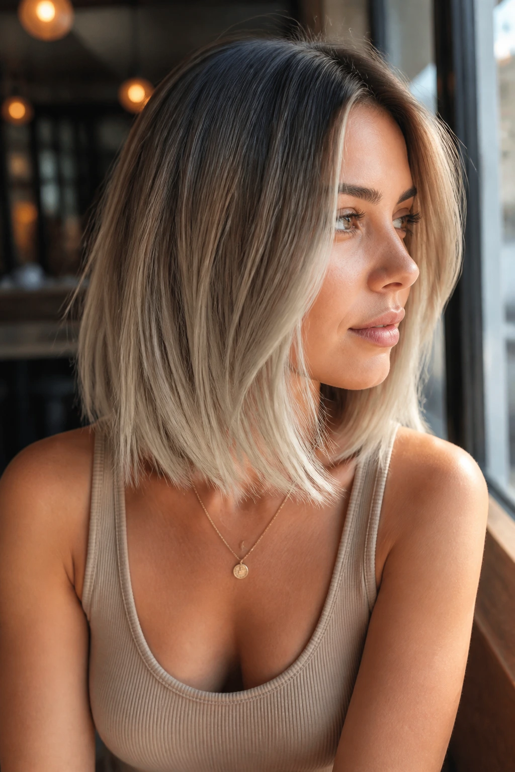 Medium close-up of a real woman with creamy lob and frosted ends hairstyle