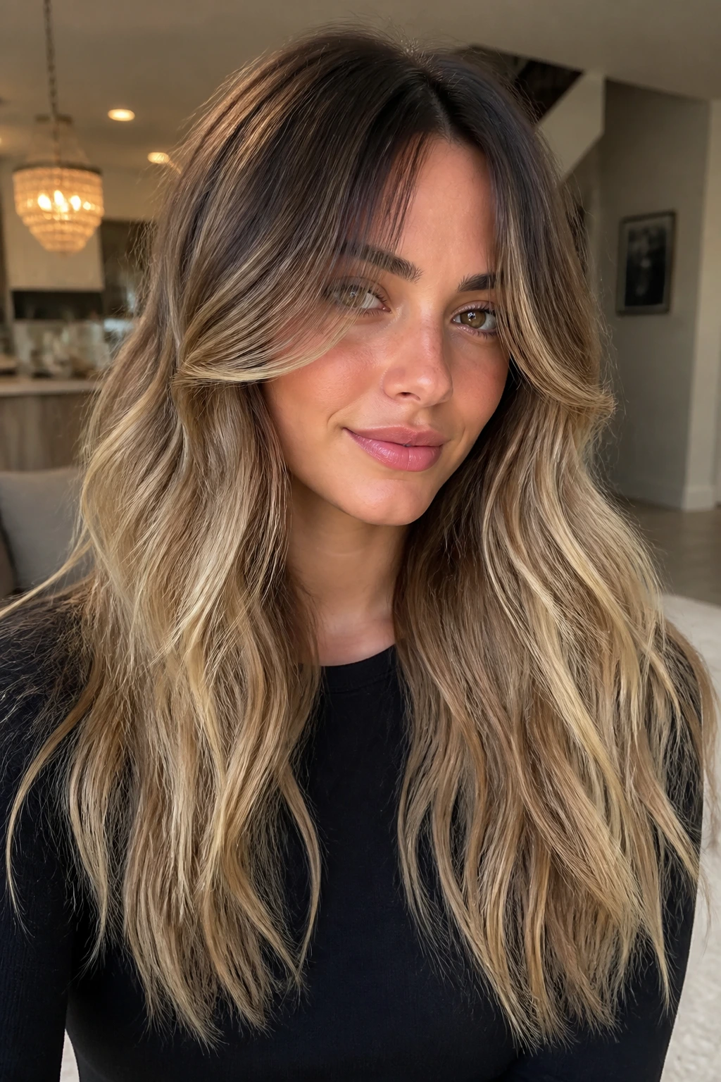 Real person with creamy ombré and curtain bangs in warm living room light