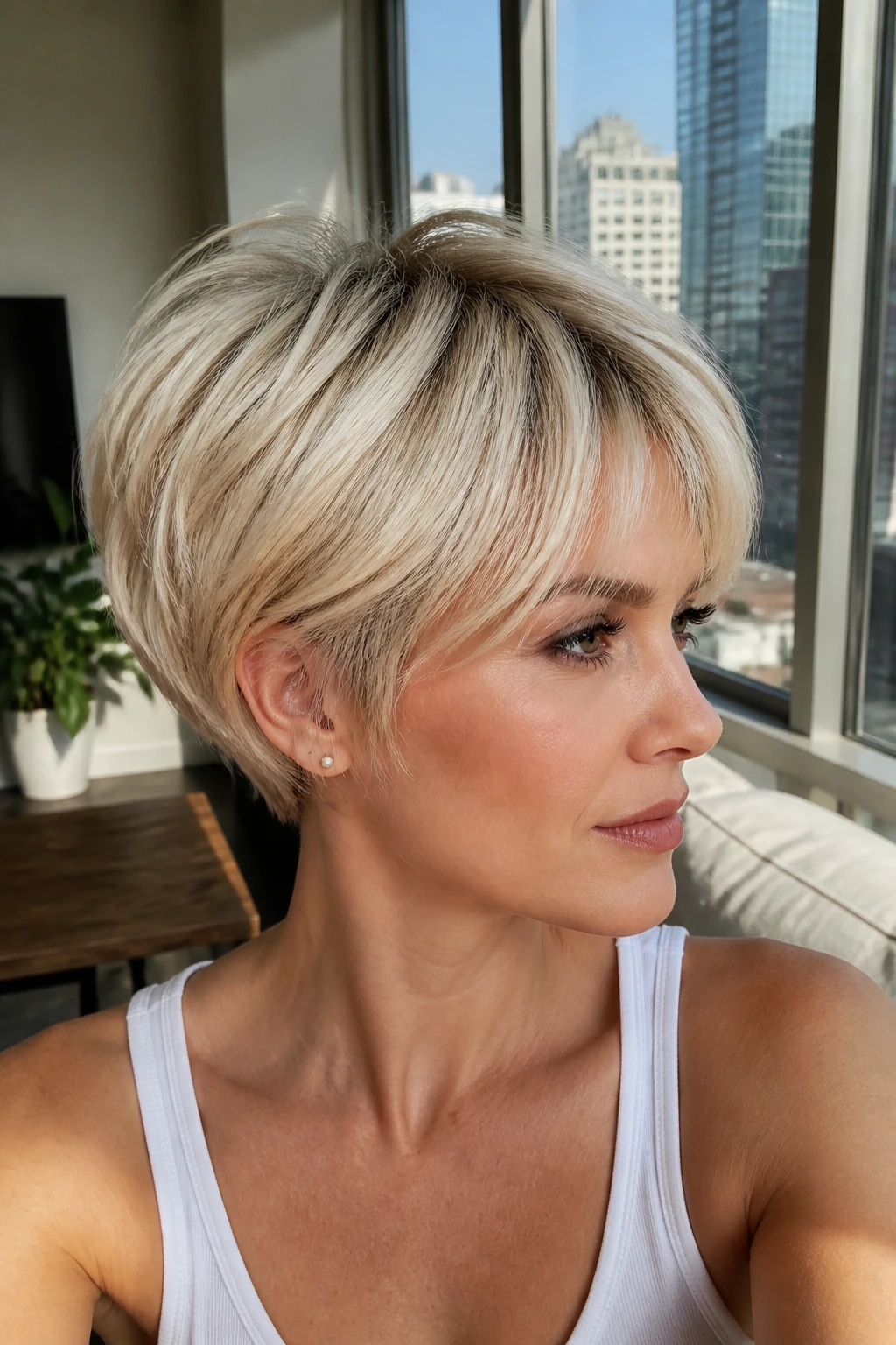 Close-up of real woman with creamy layered pixie bob in sunlit apartment