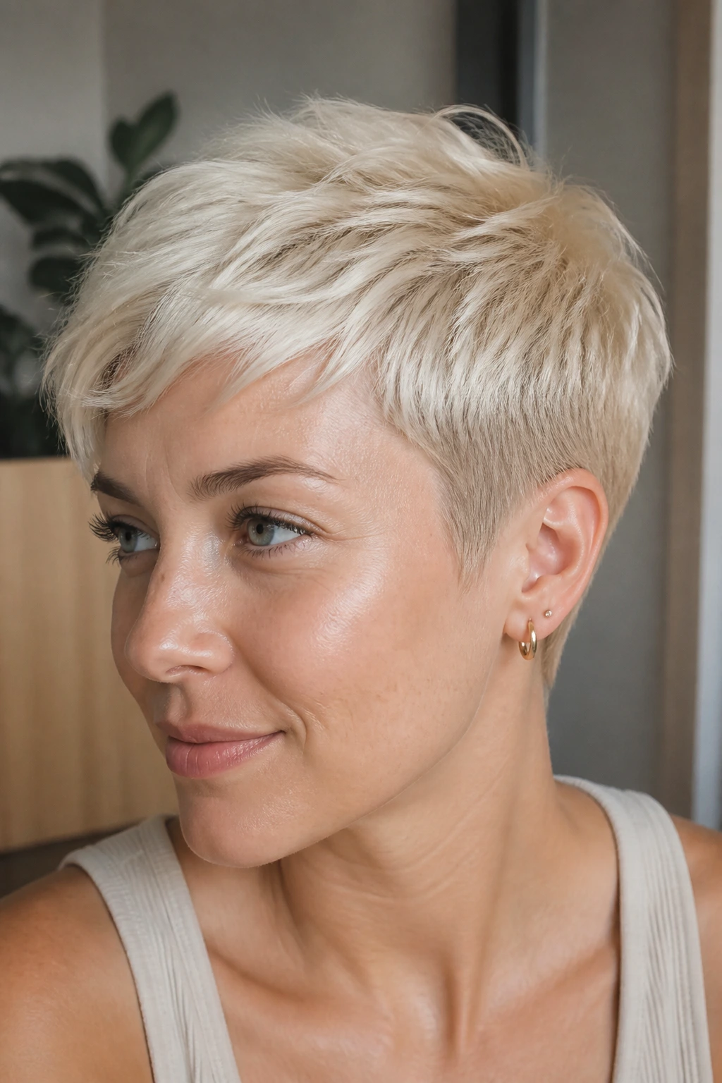 Portrait of a real woman with a creamy platinum cropped hairstyle