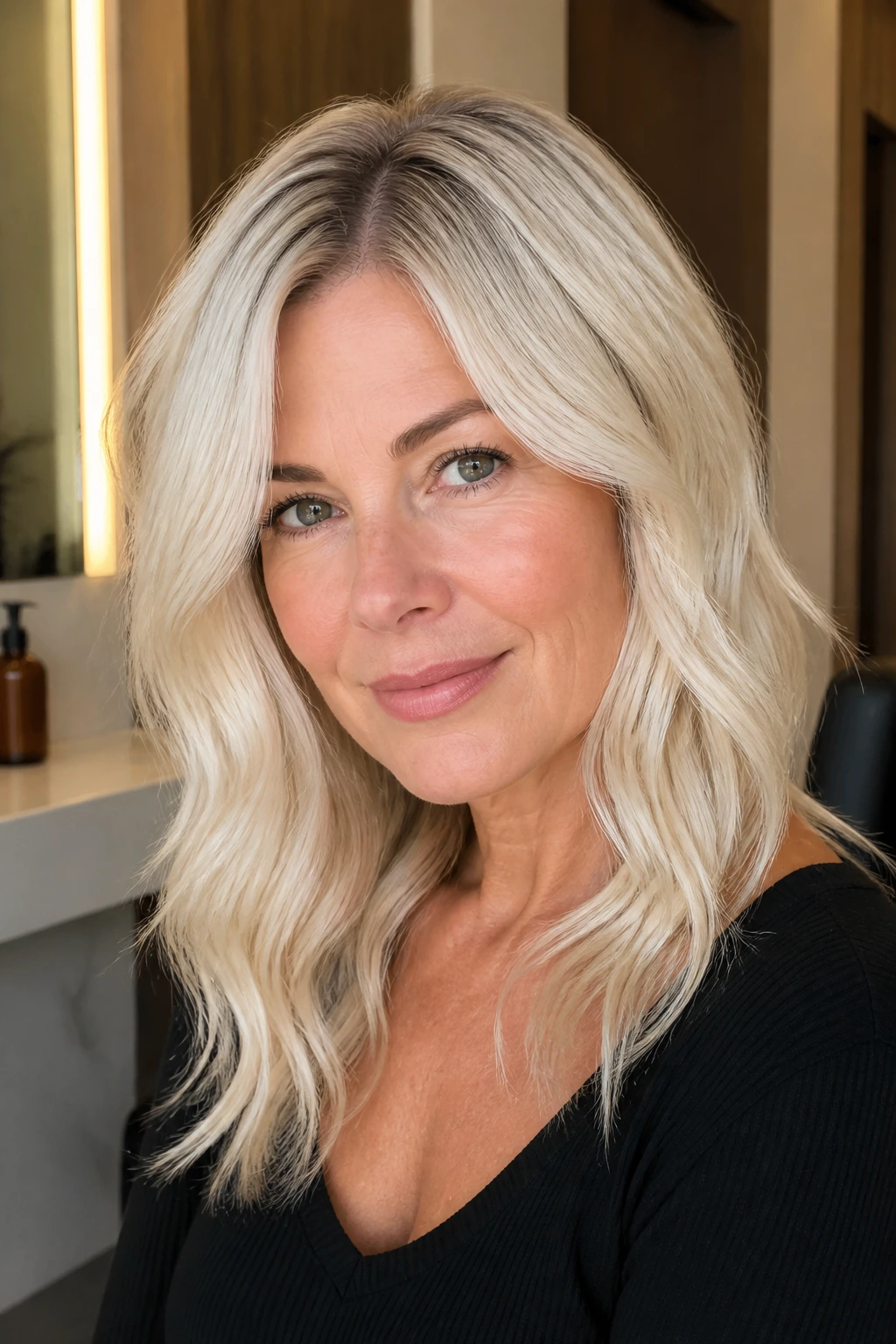 Portrait of a woman with creamy platinum hair and soft shadow root