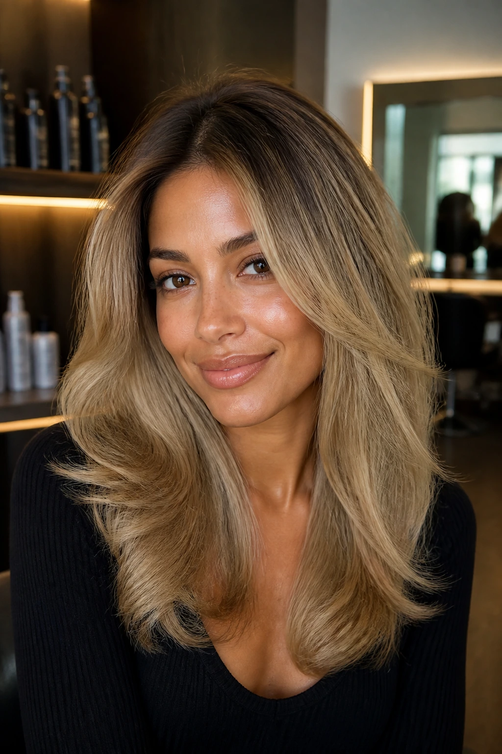 Portrait of a real person with creamy root-melted blowout and volume
