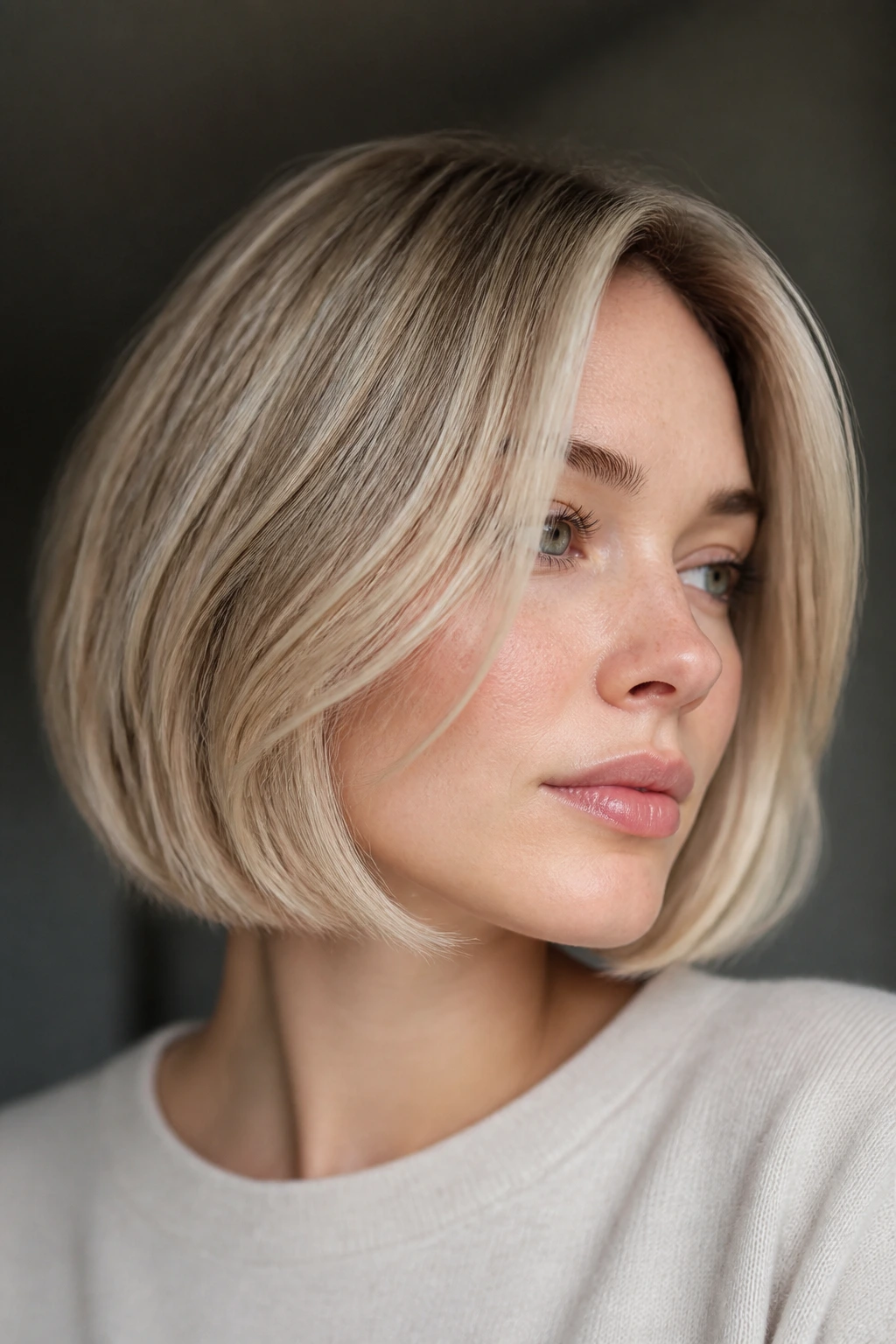 Close-up of a bob hairstyle in creamy sandy blonde