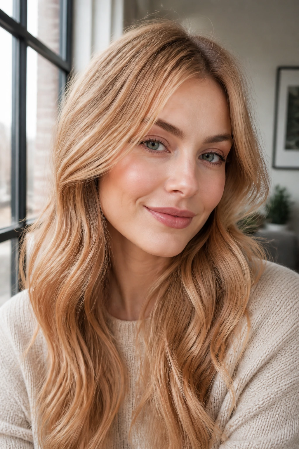 Portrait of a real woman with creamy strawberry beige hair in soft natural light