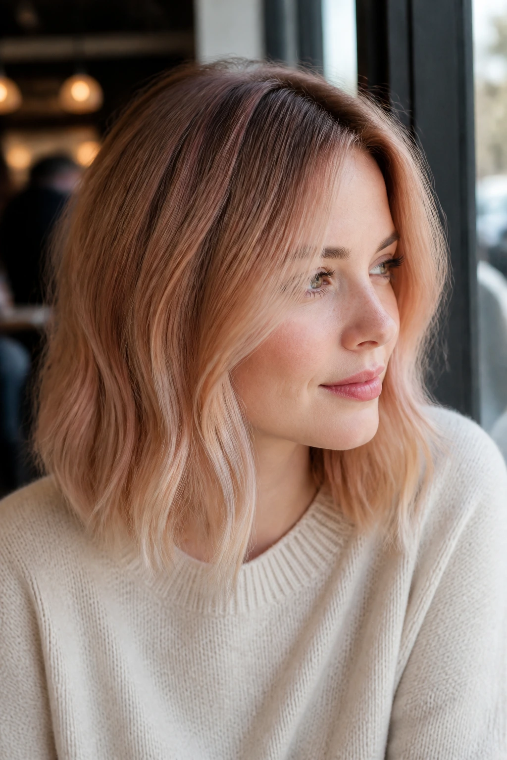 Close-up of a real woman with creamy strawberry blonde lob