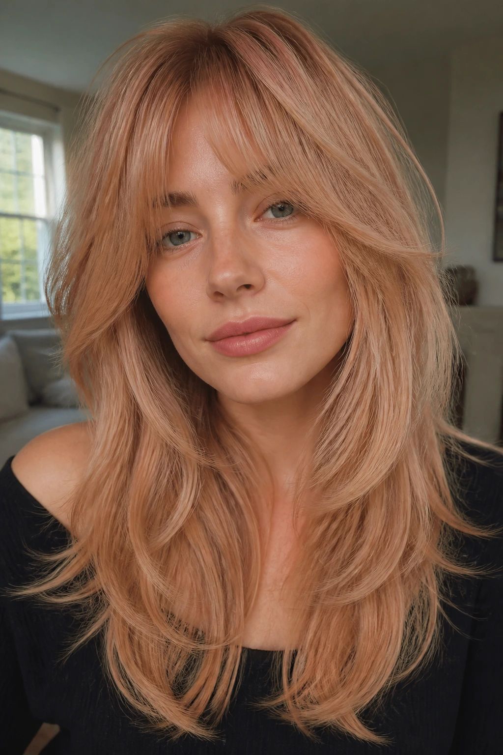 Real person with creamy strawberry shag and long layers in warm strawberry-blonde tones