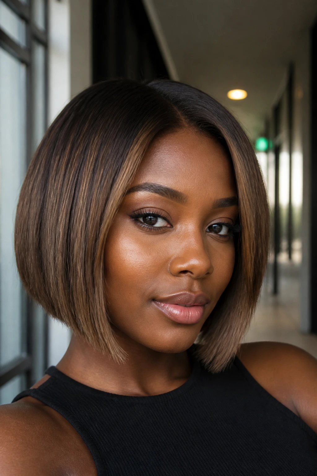 Close-up portrait of a real woman with creamy toffee balayage on a sharp bob