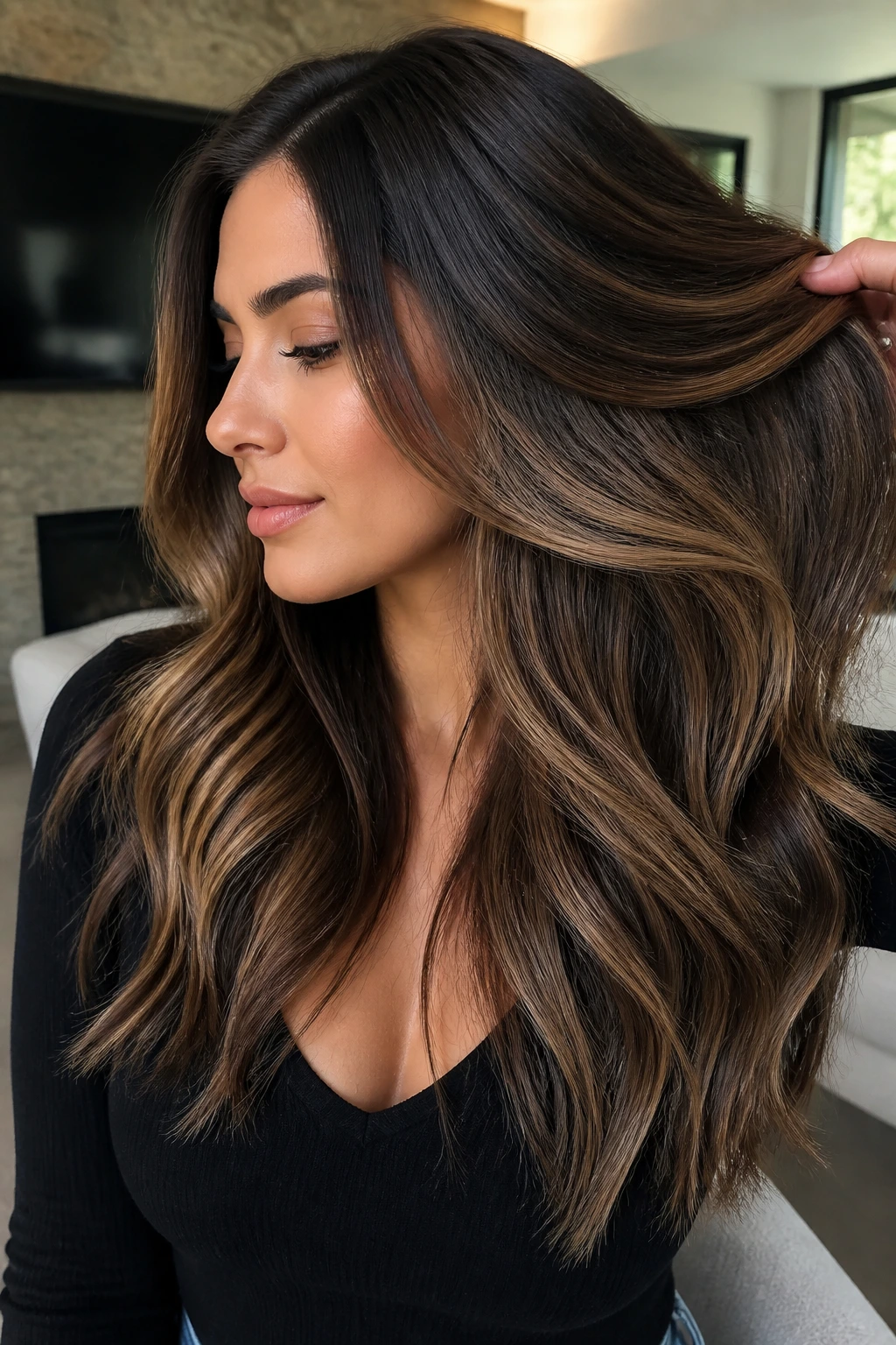 Close-up of thick brunette hair with creamy underlights
