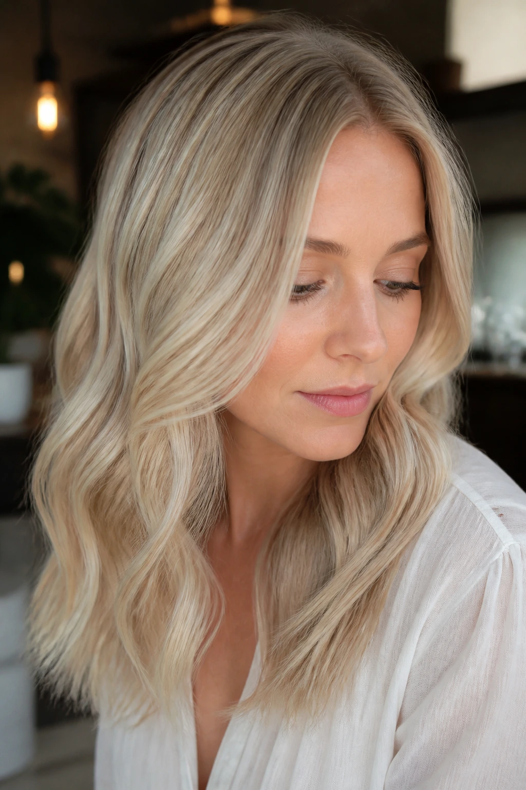 Close-up of a real person with creamy vanilla blonde and warm undertones