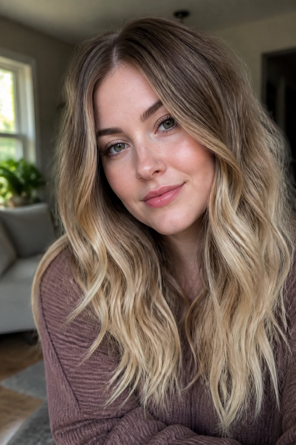 Close-up of a real woman with creamy vanilla ends and soft brown roots in warm natural light