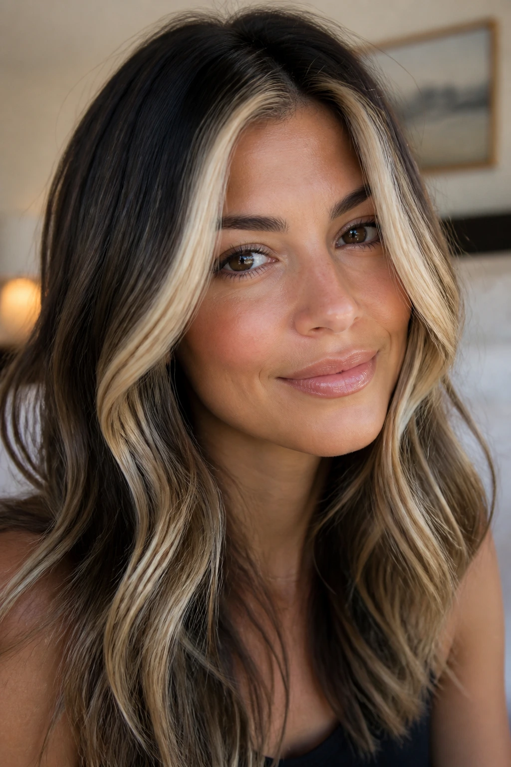 Close-up of creamy vanilla face-framing layers on dark hair