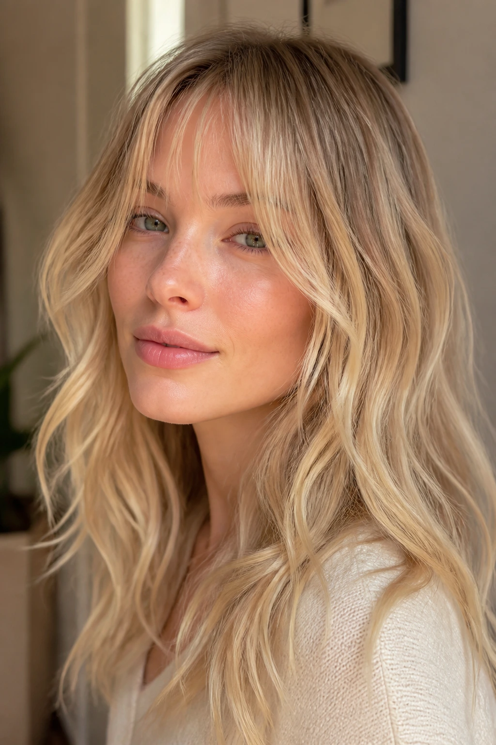 Portrait of a woman with creamy blonde face-framing waves and wispy fringe.