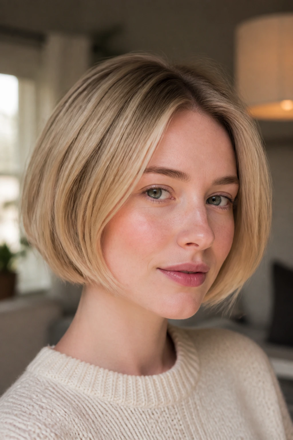 Close-up of a real woman wearing a creamy wheat French bob with warm root gloss.