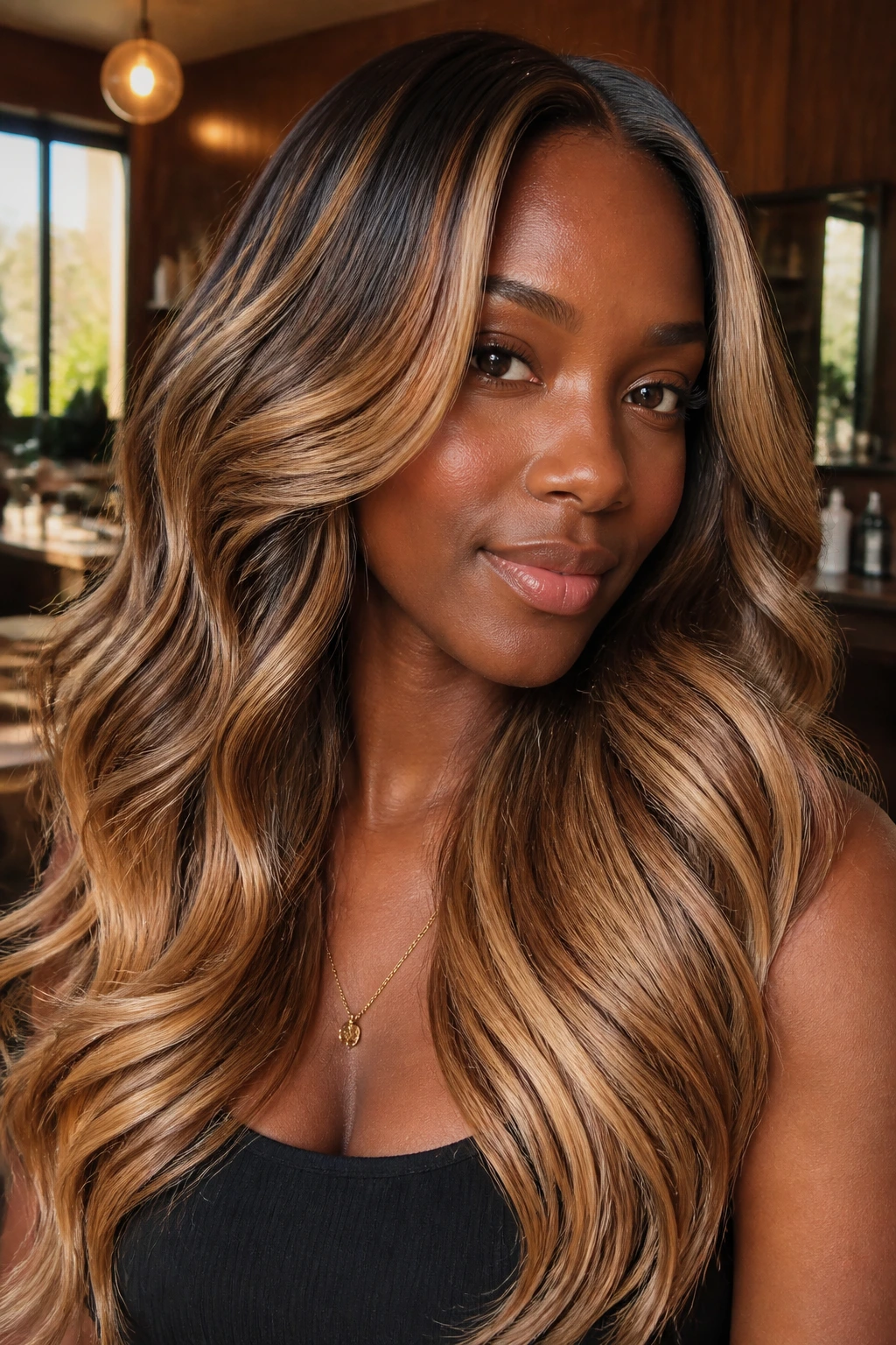 Close-up portrait of a woman with crème brûlée balayage on deep skin showing dark root, golden mids, caramel ends