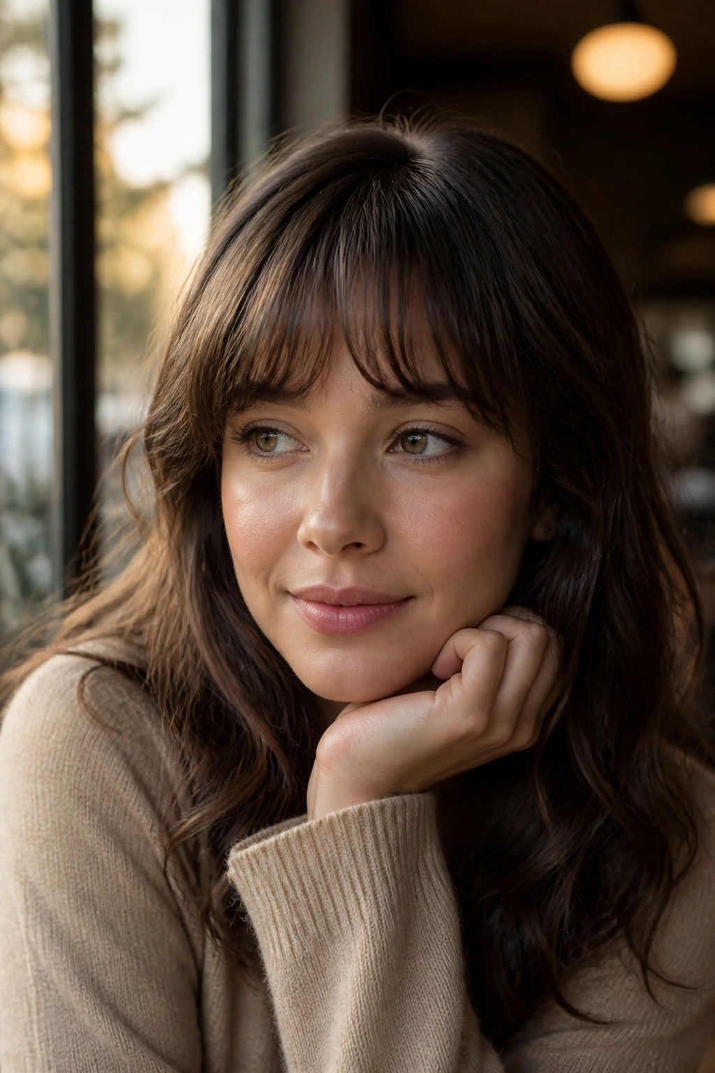 Real woman with crescent bangs forming a soft arc across the forehead