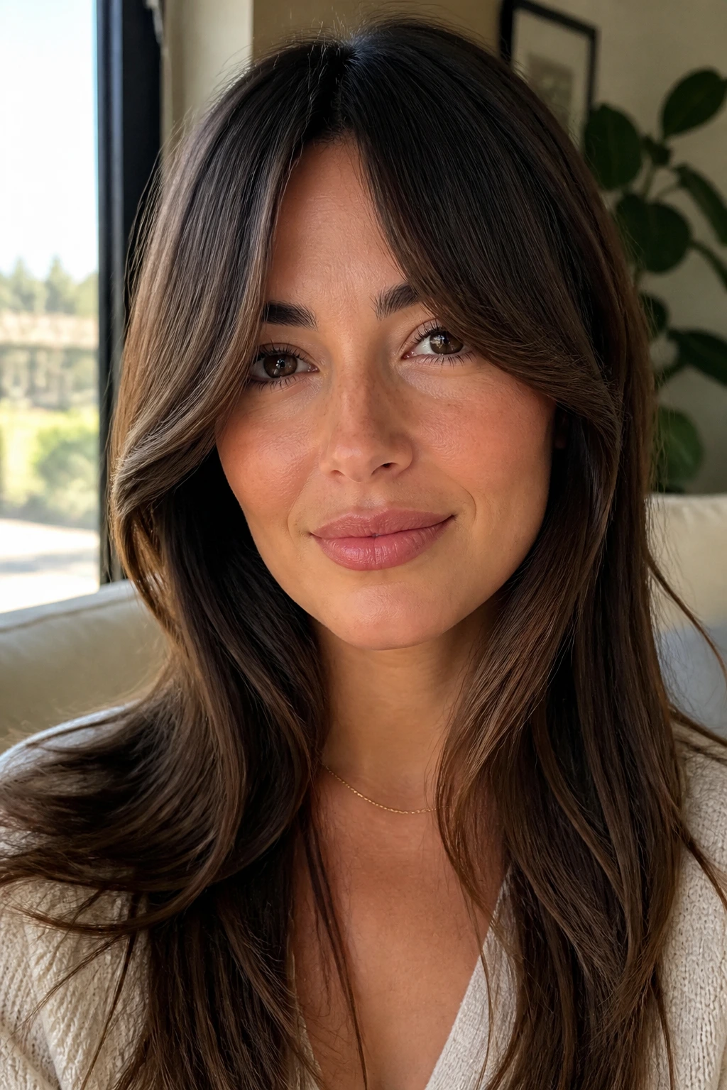 Close-up of a real woman with soft center-part crescent bangs in a sunlit living room