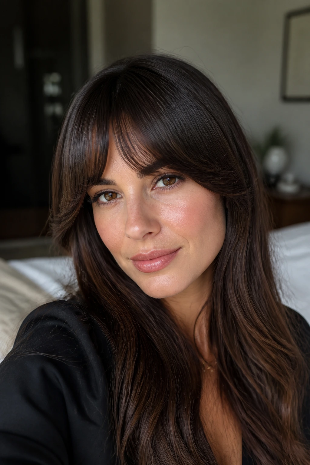 Close-up portrait of a woman with polished crescent bangs and glossy fringe