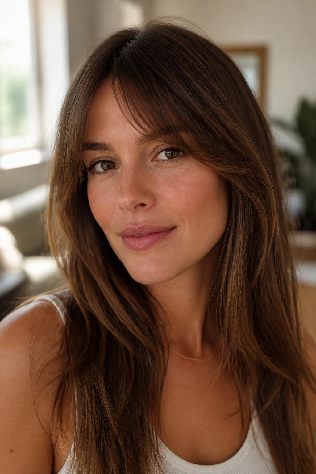 Close-up of a woman with grown-out crescent bangs blending into long hair