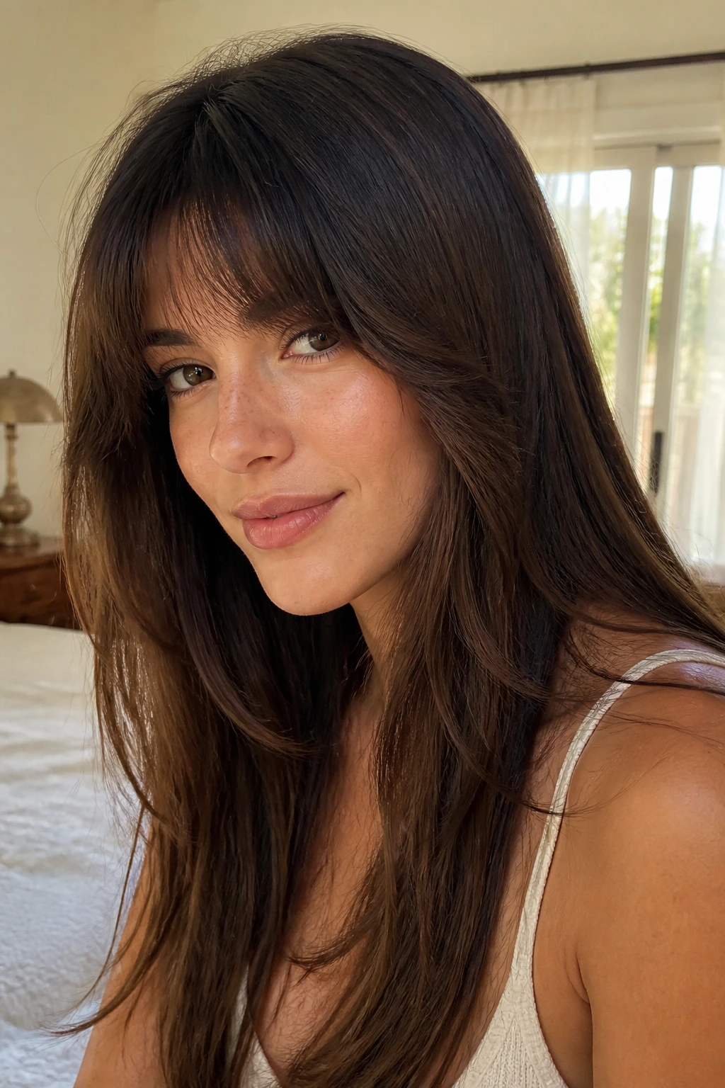 Close-up portrait of a real woman with invisible blend crescent bangs