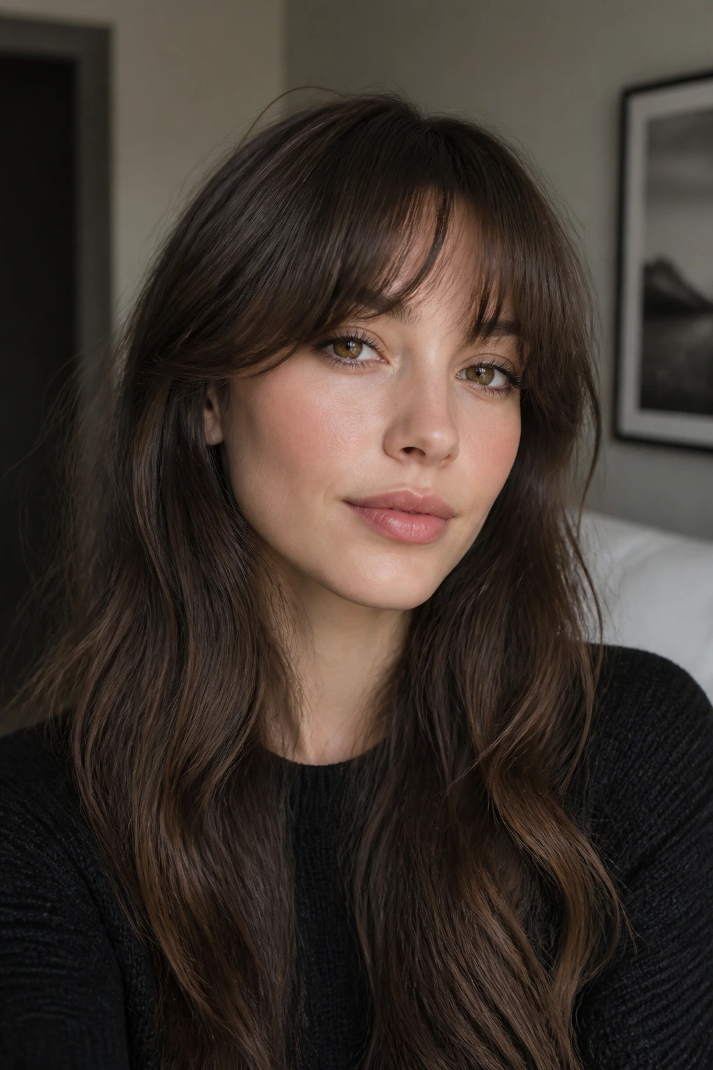 Portrait of a woman with crescent bangs worn with long hair