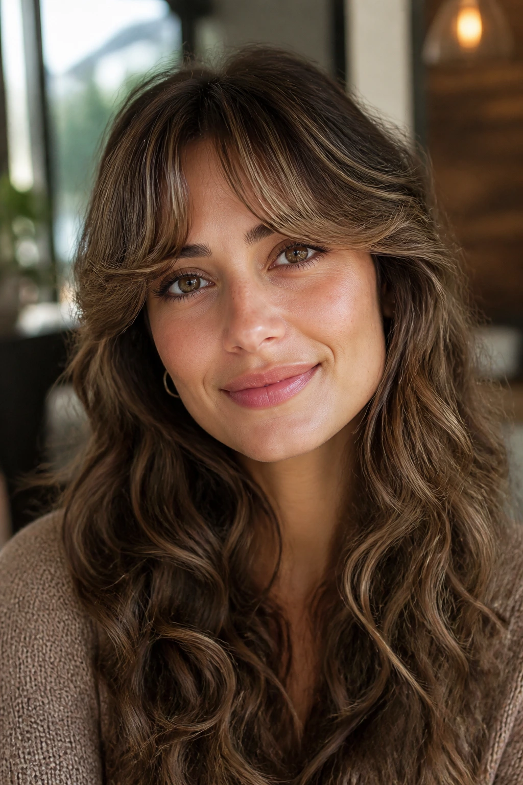 Close-up of a real woman with crescent bangs and open face