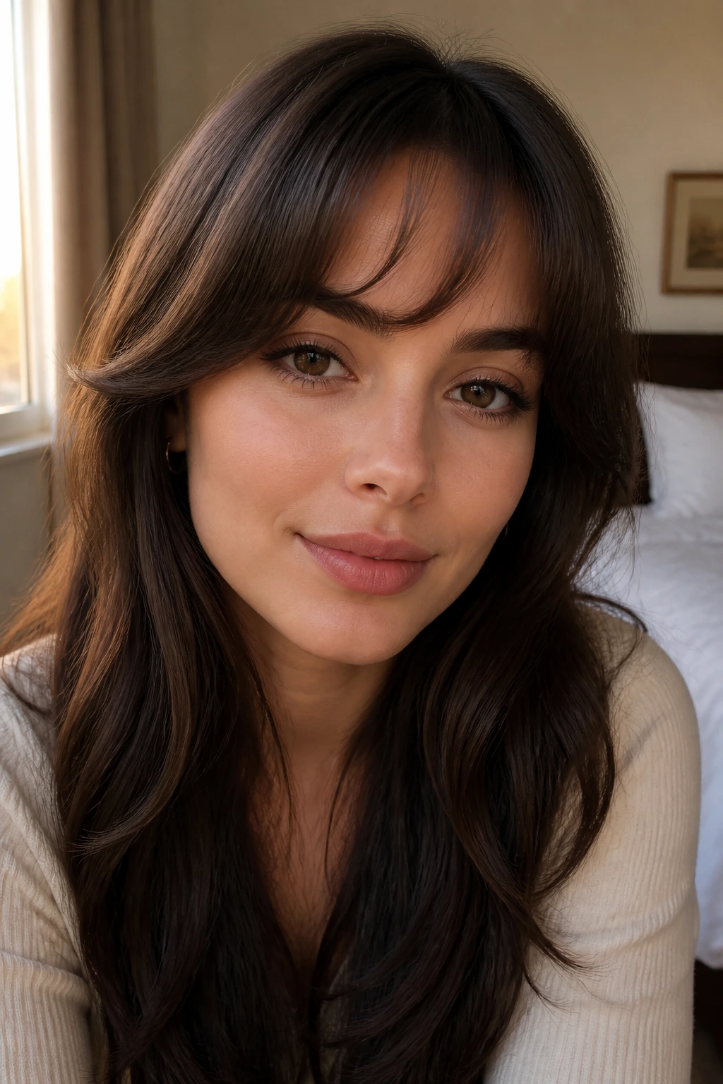 Close-up portrait of a real woman wearing soft crescent bangs, eyes framed by curved fringe
