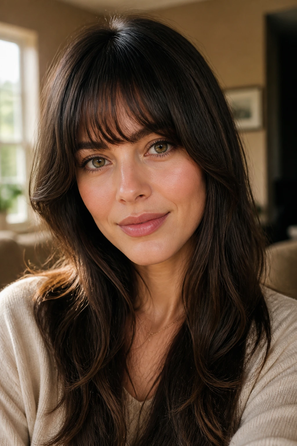 Close-up portrait of a real woman with brow-grazing crescent bangs framing the forehead