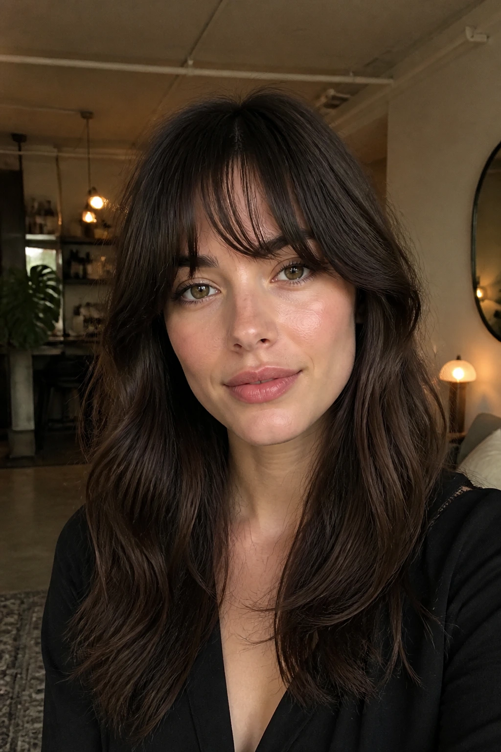Close-up portrait of a real woman with soft razor-cut crescent bangs