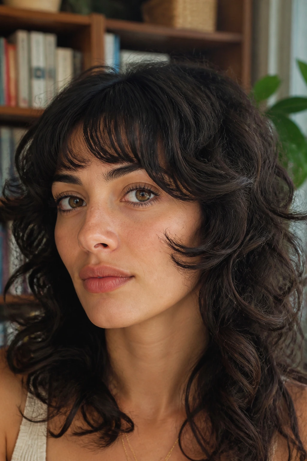 Close-up of a real woman with crescent bangs and sculpted side pieces in curls.
