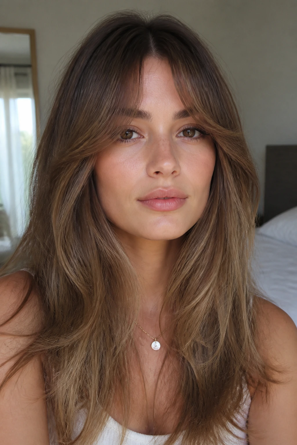 Close-up portrait of a real person with crescent bangs and soft curve.