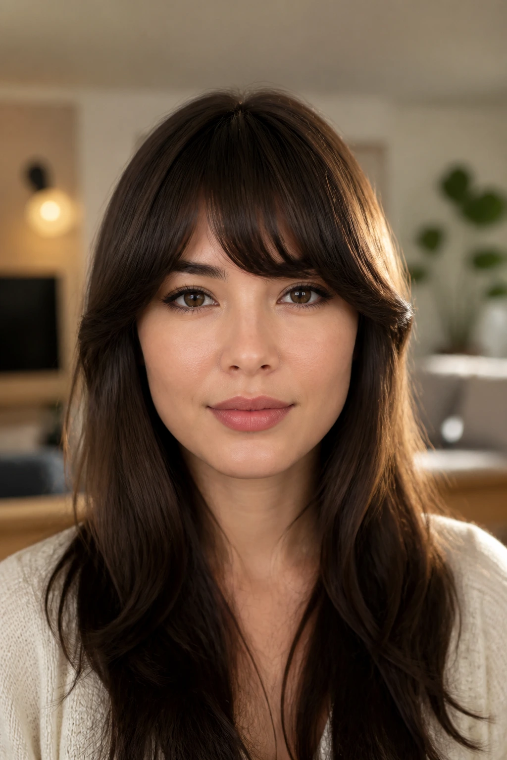 Close-up portrait of a real woman wearing full crescent bangs with tapered sides