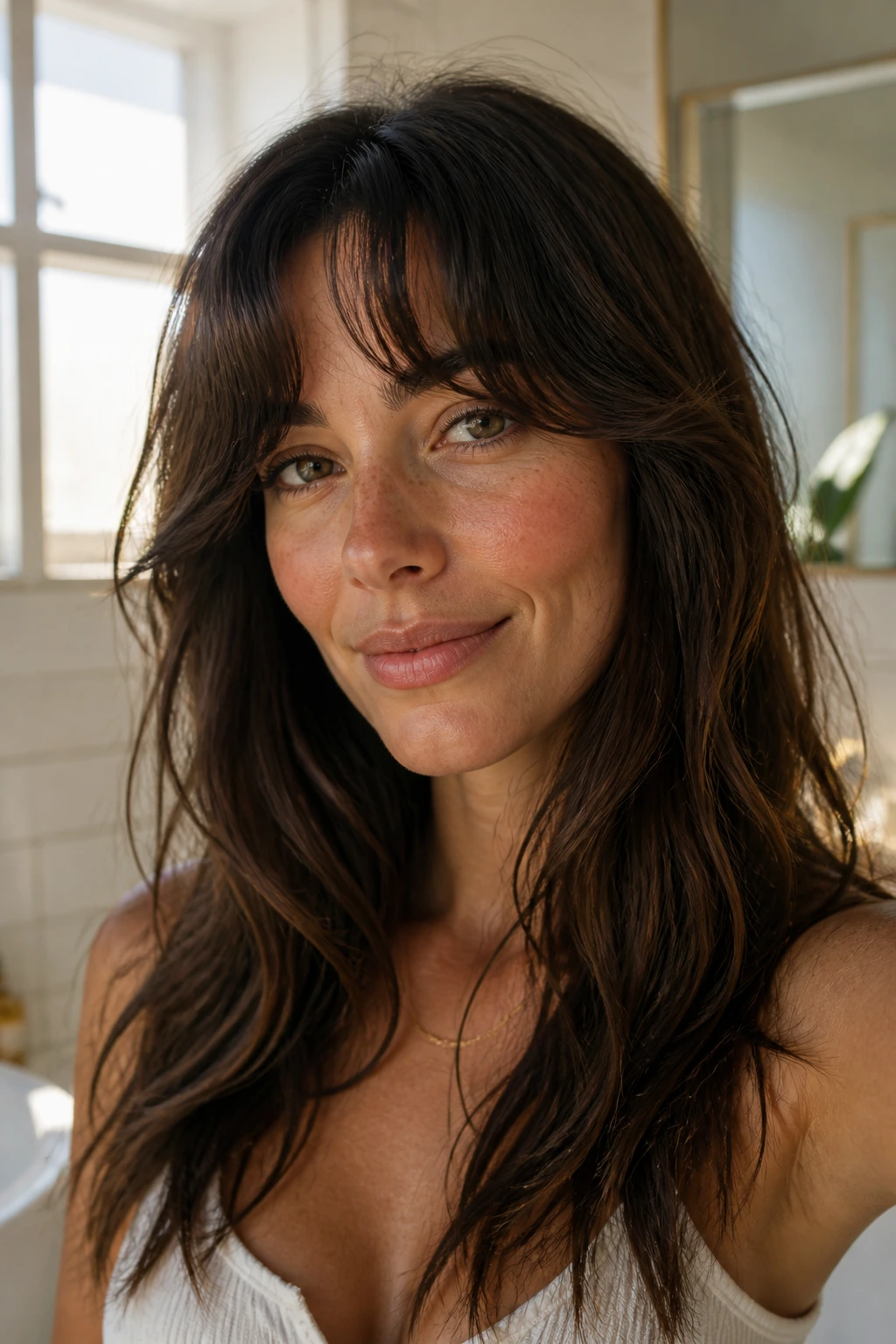 Portrait of crescent bangs with natural texture in an air-dry look