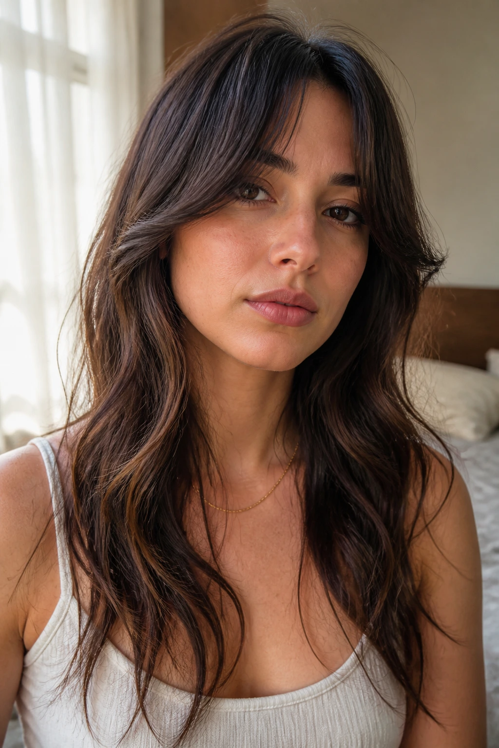 Close-up of a real woman with long crescent bangs over wavy layers by window light