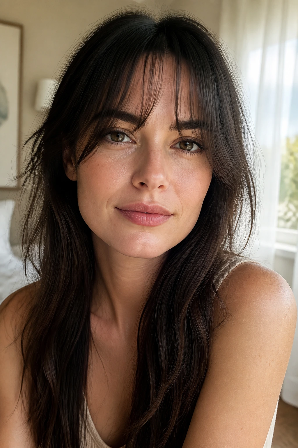 Close-up portrait of a real woman with wispy air-light crescent bangs