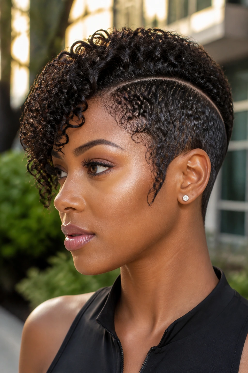 Portrait of a person with sculpted crescent crop around the face