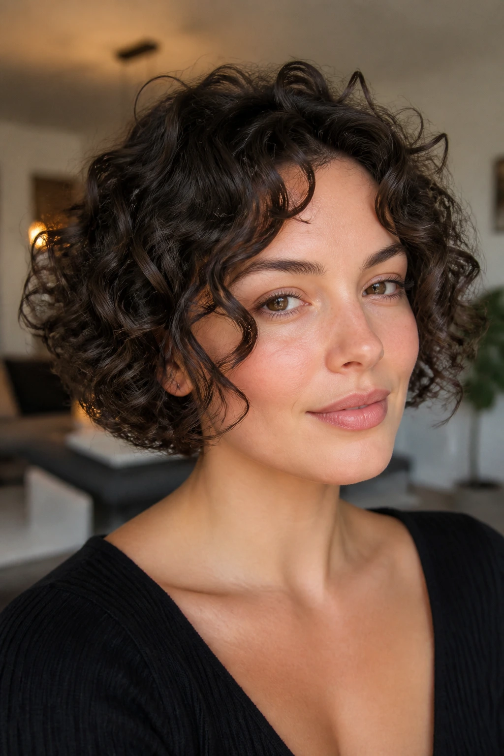 Close-up of a real woman with crescent face-framing curls around the cheeks.