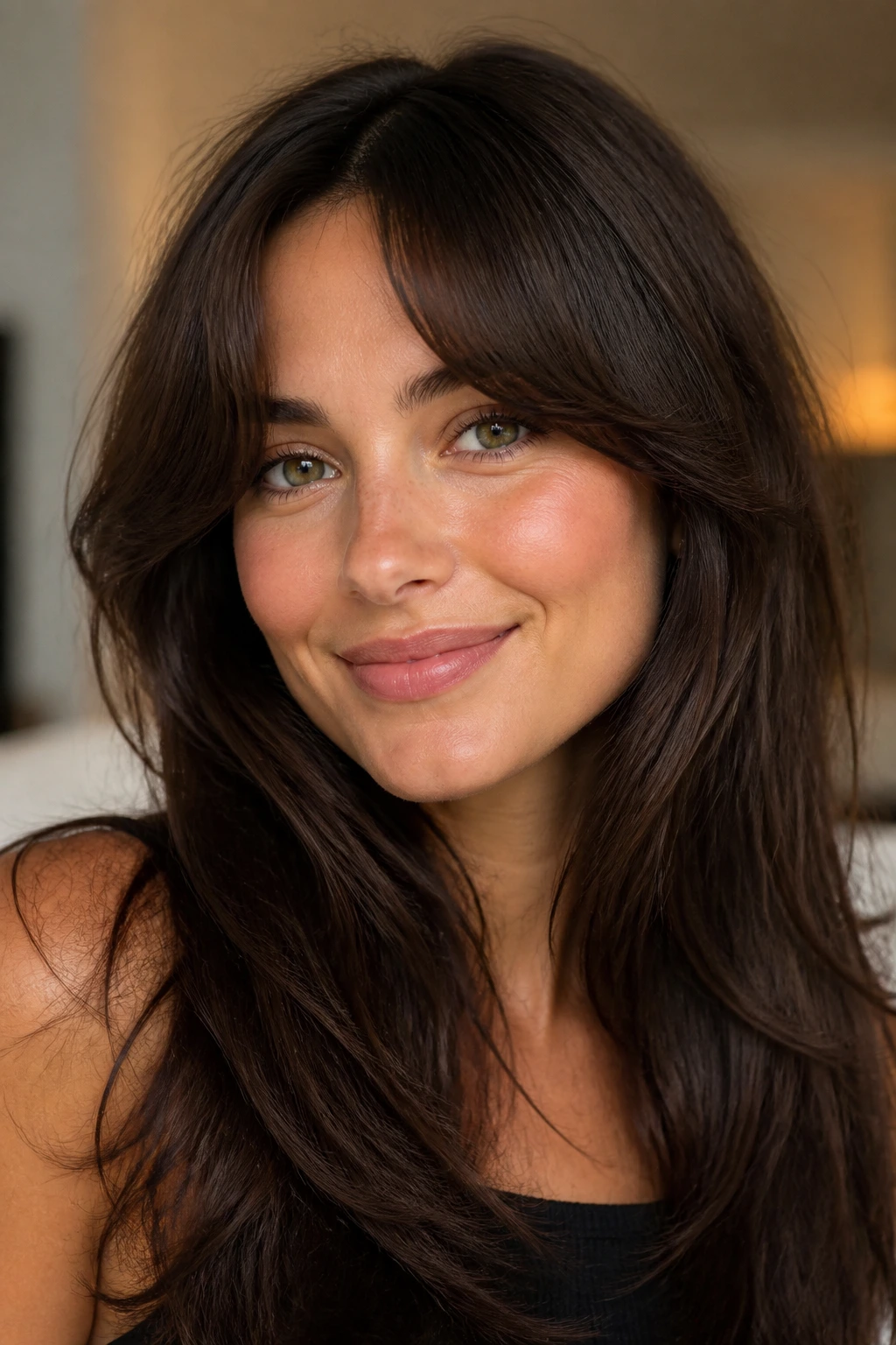 Close-up portrait of a real woman with crescent curtain bangs opening at the brows